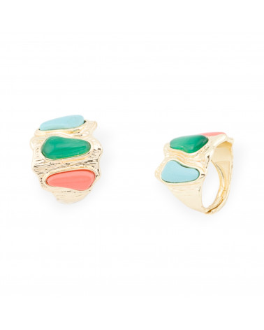 Anello Di Bronzo Con Occhio Di Gatto 21x23mm Con 3 Pietre Misura Regolabile Dorato MIX2-ANELLI BRONZO CON PIETRE INCASTONATE | Worldofjewel.com
