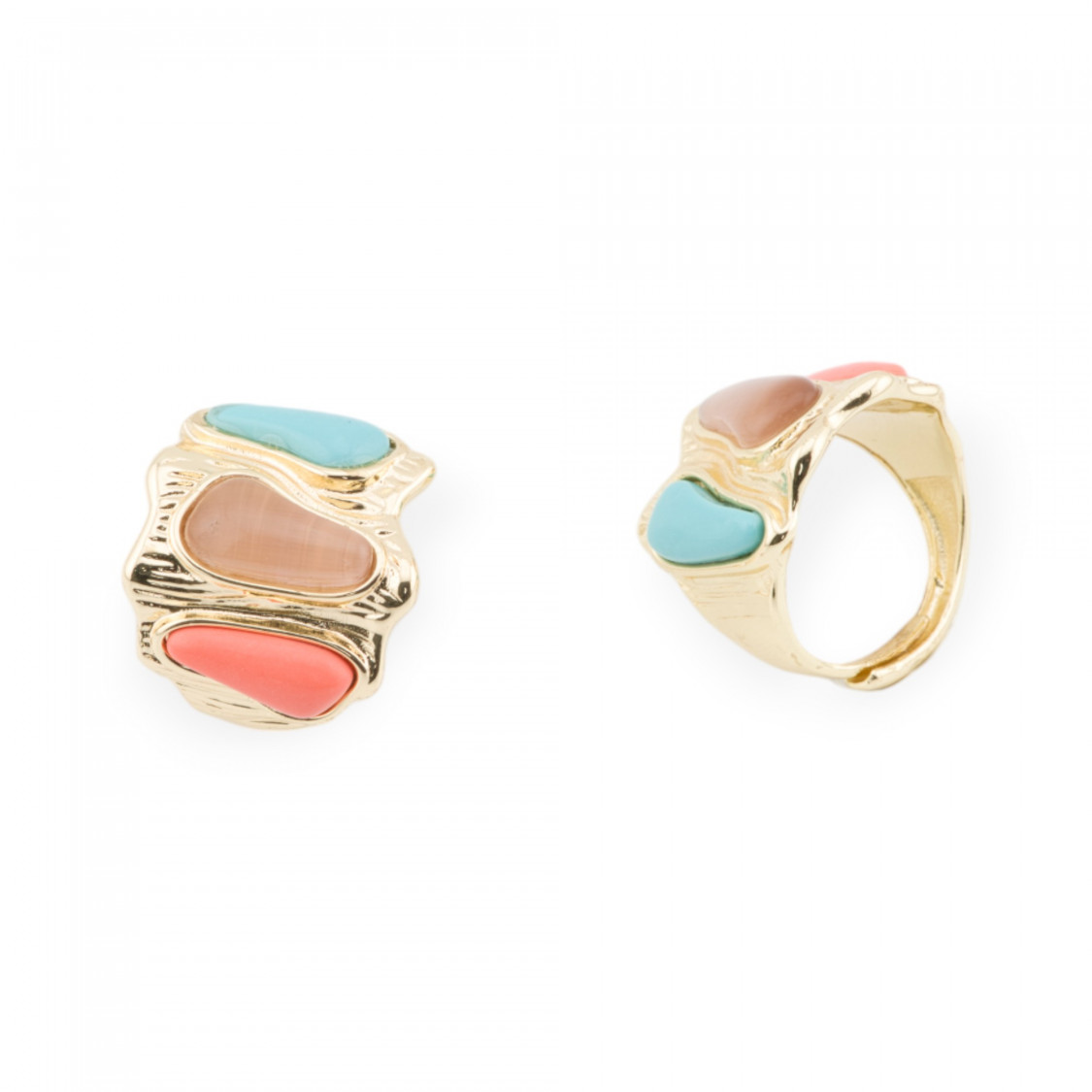 Anello Di Bronzo Con Occhio Di Gatto 21x23mm Con 3 Pietre Misura Regolabile Dorato MIX4-ANELLI BRONZO CON PIETRE INCASTONATE | Worldofjewel.com
