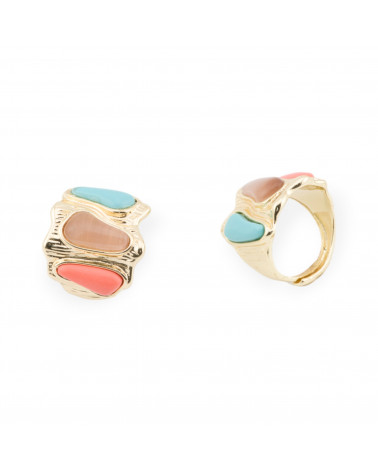 Anello Di Bronzo Con Occhio Di Gatto 21x23mm Con 3 Pietre Misura Regolabile Dorato MIX4-ANELLI BRONZO CON PIETRE INCASTONATE | Worldofjewel.com