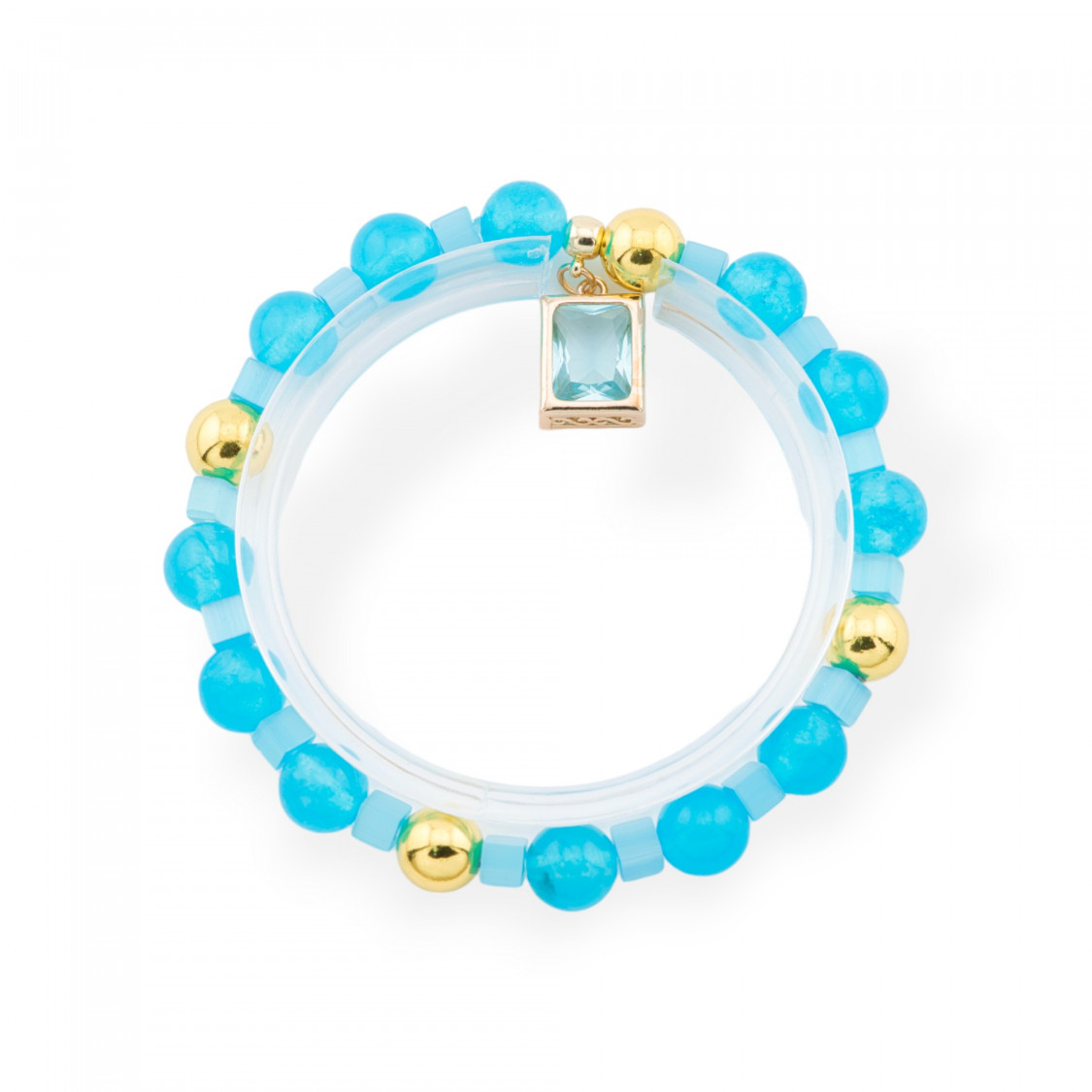 Bracciali Elasticizzato Di Pietre Dure Con Pendente Con Cristalli CZ Rettangolo Dorato Celeste-BRACCIALI DI PIETRE DURE | Worldofjewel.com