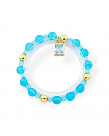 Bracciali Elasticizzato Di Pietre Dure Con Pendente Con Cristalli CZ Rettangolo Dorato Celeste-BRACCIALI DI PIETRE DURE | Worldofjewel.com