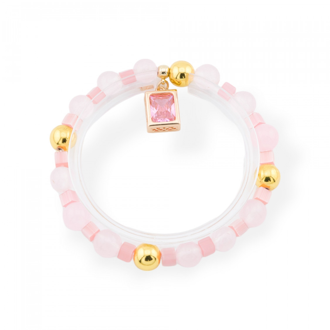 Bracciali Elasticizzato Di Pietre Dure Con Pendente Con Cristalli CZ Rettangolo Dorato Rosa Chiaro-BRACCIALI DI PIETRE DURE | Worldofjewel.com