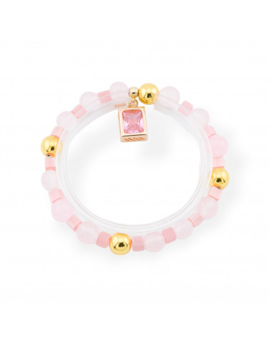 Bracciali Elasticizzato Di Pietre Dure Con Pendente Con Cristalli CZ Rettangolo Dorato Rosa Chiaro-BRACCIALI DI PIETRE DURE | Worldofjewel.com