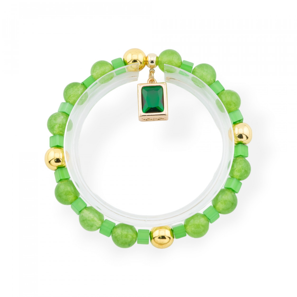 Bracciali Elasticizzato Di Pietre Dure Con Pendente Con Cristalli CZ Rettangolo Dorato Verde-BRACCIALI DI PIETRE DURE | Worldofjewel.com