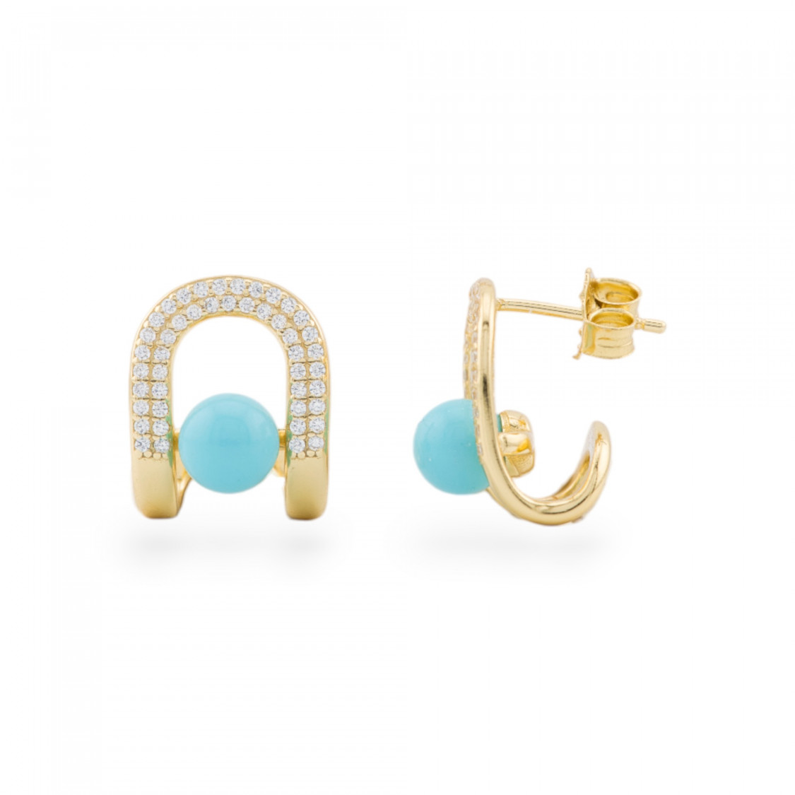 Orecchini A Perno Di Argento 925 Fantasia Con Zirconi 12,5x16mm Con Pietre 1 Coppia Dorato Pasta Di Turchese-ORECCHINI ARGENTO 925 LUXE | Worldofjewel.com