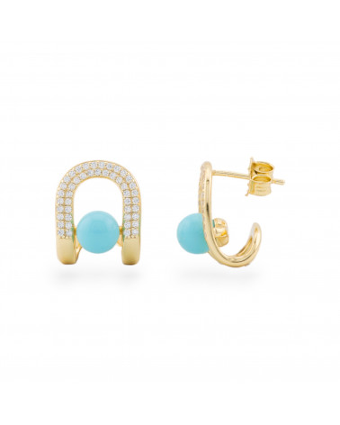 Orecchini A Perno Di Argento 925 Fantasia Con Zirconi 12,5x16mm Con Pietre 1 Coppia Dorato Pasta Di Turchese-ORECCHINI ARGENTO 925 LUXE | Worldofjewel.com