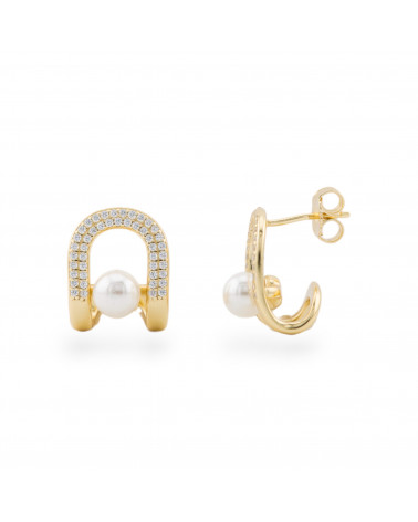 Orecchini A Perno Di Argento 925 Fantasia Con Zirconi 12,5x16mm Con Pietre 1 Coppia Dorato Perle Di Maiorca Bianco-ORECCHINI ARGENTO 925 LUXE | Worldofjewel.com