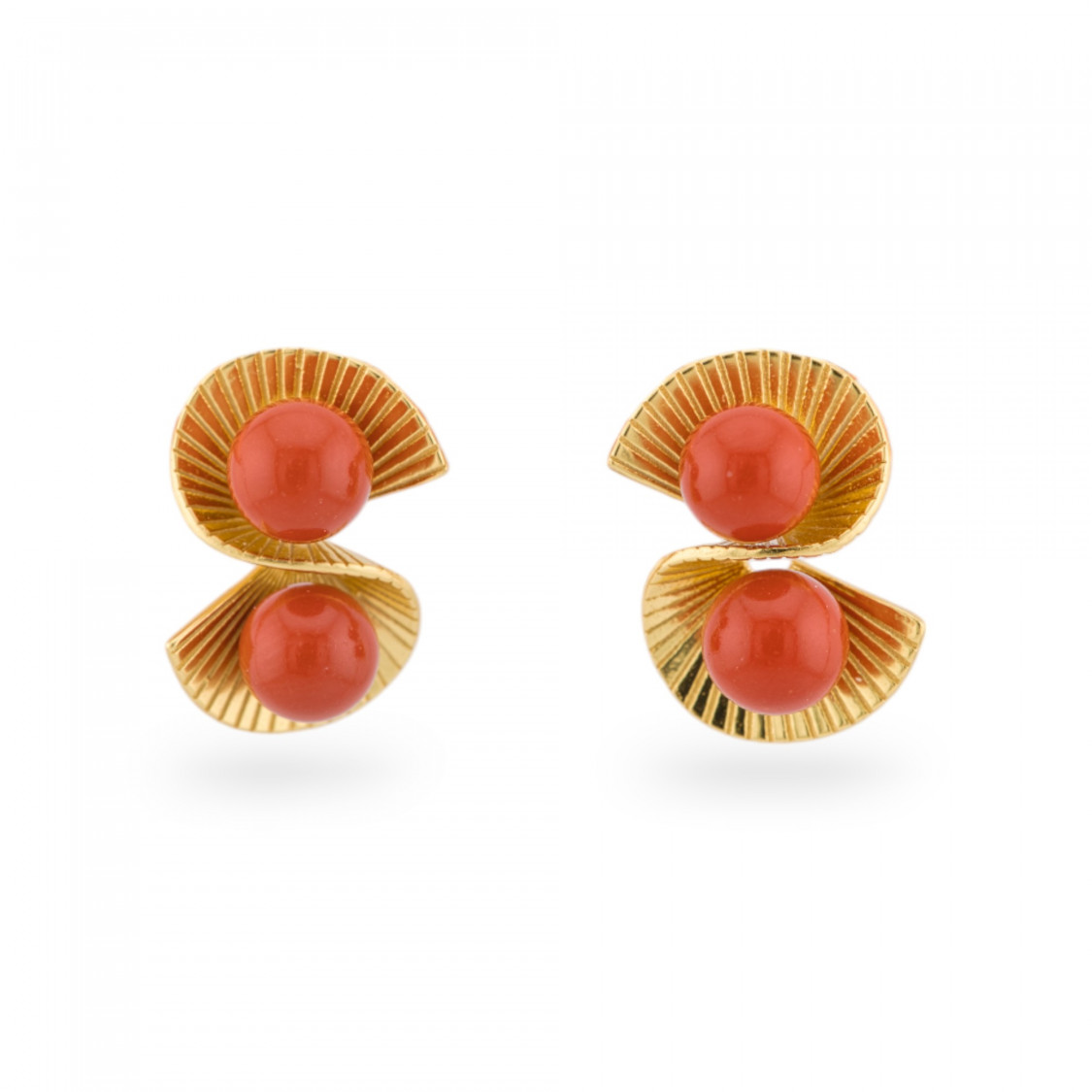 Orecchini Di Argento 925 A Perno Doppio Ventaglio Con Pietre 12x17,5mm 1 Coppia Dorato Pasta Di Corallo-ORECCHINI ARGENTO 925 LUXE | Worldofjewel.com