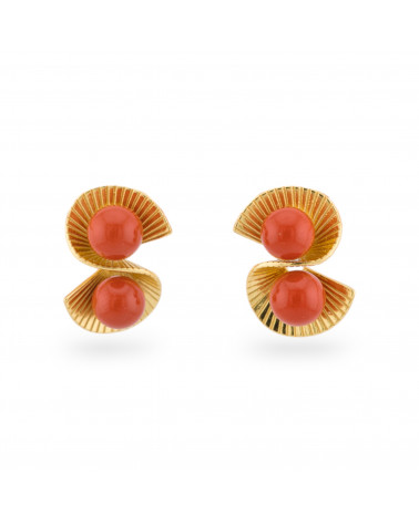Orecchini Di Argento 925 A Perno Doppio Ventaglio Con Pietre 12x17,5mm 1 Coppia Dorato Pasta Di Corallo-ORECCHINI ARGENTO 925 LUXE | Worldofjewel.com