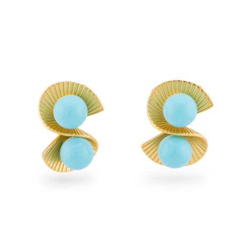 925 Silver Double Fan Stud Earrings With Stones 12x17.5mm 1 Pair Gold Turquoise Paste-925 SILVER LUXE EARRINGS | Worldofjewel.com