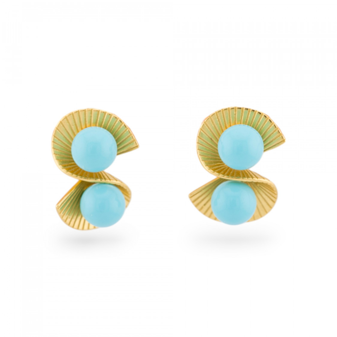 925 Silver Double Fan Stud Earrings With Stones 12x17.5mm 1 Pair Gold Turquoise Paste-925 SILVER LUXE EARRINGS | Worldofjewel.com