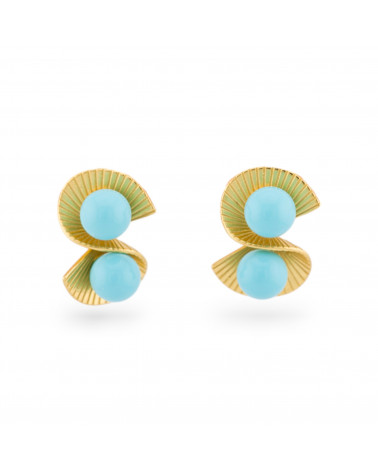 925 Silver Double Fan Stud Earrings With Stones 12x17.5mm 1 Pair Gold Turquoise Paste-925 SILVER LUXE EARRINGS | Worldofjewel.com