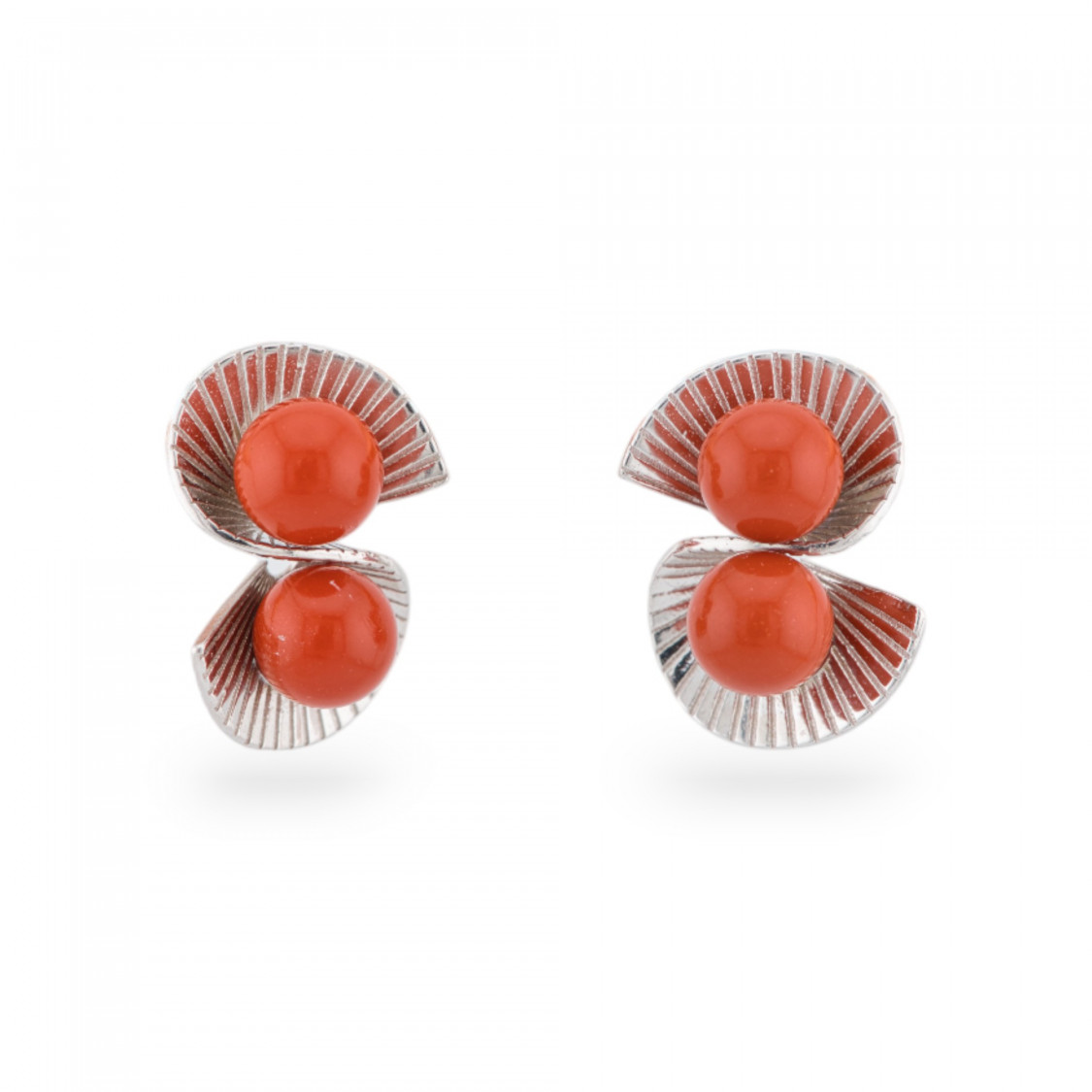 Orecchini Di Argento 925 A Perno Doppio Ventaglio Con Pietre 12x17,5mm 1 Coppia Rodiato Pasta Di Corallo-ORECCHINI ARGENTO 925 LUXE | Worldofjewel.com