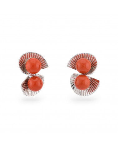 Orecchini Di Argento 925 A Perno Doppio Ventaglio Con Pietre 12x17,5mm 1 Coppia Rodiato Pasta Di Corallo-ORECCHINI ARGENTO 925 LUXE | Worldofjewel.com