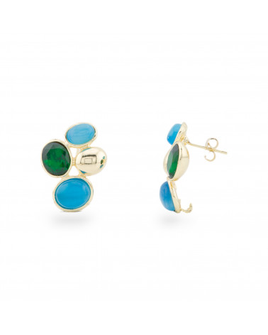 Cat's Eye Bronze Stud Earrings with CZ Crystals 19x26mm 1 Pair Gold Light Blue Green-ORECCHINI HOT PICKS | Worldofjewel.com