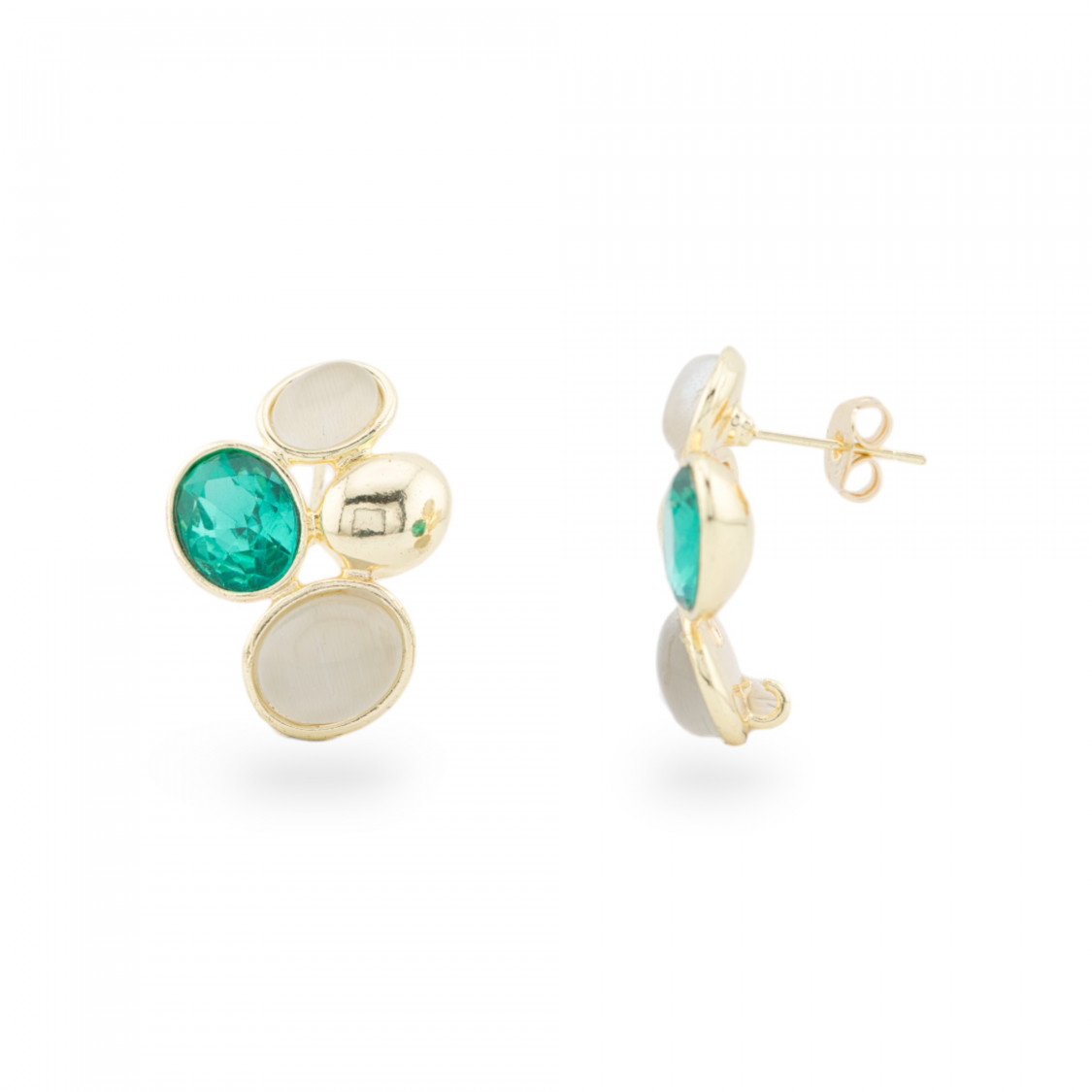Orecchini Perno Di Bronzo Con Occhio Di Gatto e Cristalli CZ 19x26mm 1 Paio Dorato Grigio Verde-ORECCHINI HOT PICKS | Worldofjewel.com