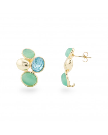 Orecchini Perno Di Bronzo Con Occhio Di Gatto e Cristalli CZ 19x26mm 1 Paio Dorato Verde Acqua-ORECCHINI HOT PICKS | Worldofjewel.com