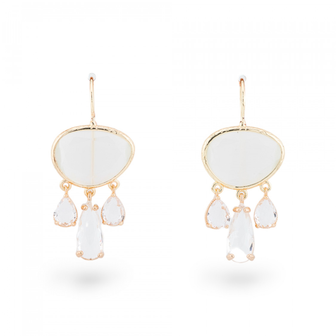 Orecchini Di Bronzo Con Occhio Di Gatto Incastonato E Gocce Di Cristalli CZ Dorato Bianco-BRONZO CRYSTAL | Worldofjewel.com