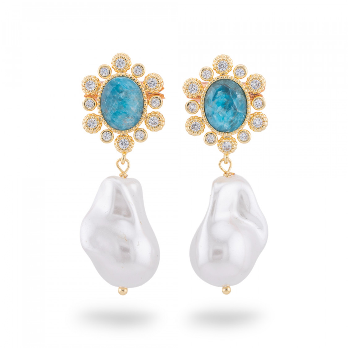 Bronze Stud Earrings With Cat's Eye And Gold Mallorca Drop Aqua-ORECCHINI HOT PICKS | Worldofjewel.com