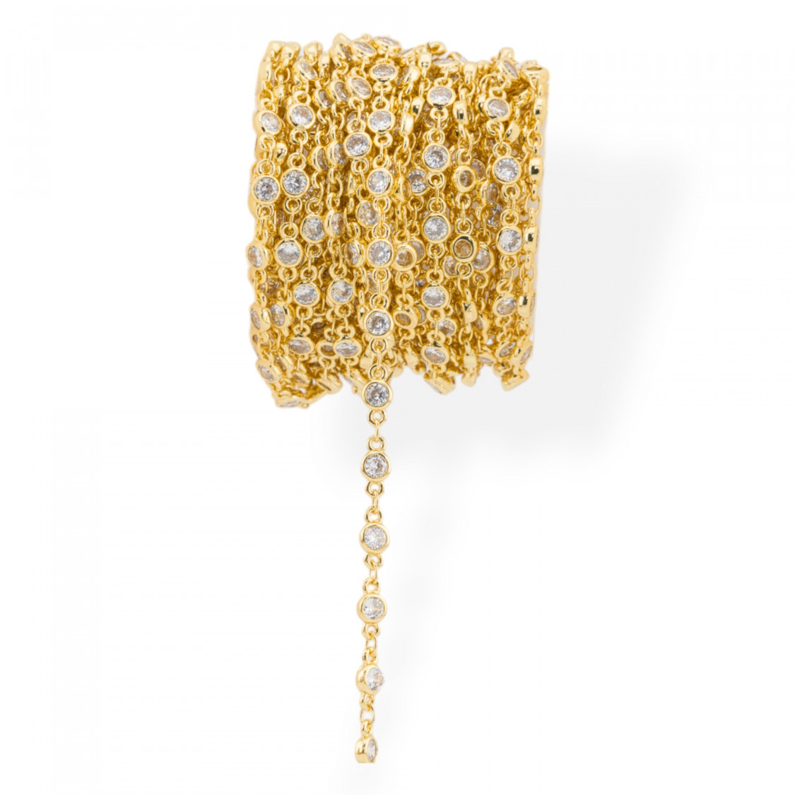 Catena Di Ottone Con Zirconi Taglio Brillante Incastonati 4mm 5 Metri Dorato-CATENE CON PERLINE INCASTONATE | Worldofjewel.com