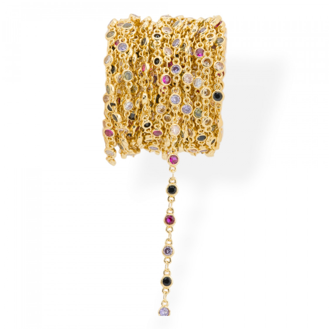 Chaîne En Laiton Avec Zircons Taille Brillant Sertie 4mm 5 Mètres Doré Multicolore-CATENE CON PIETRE E CRISTALLI | Worldofjewel.com
