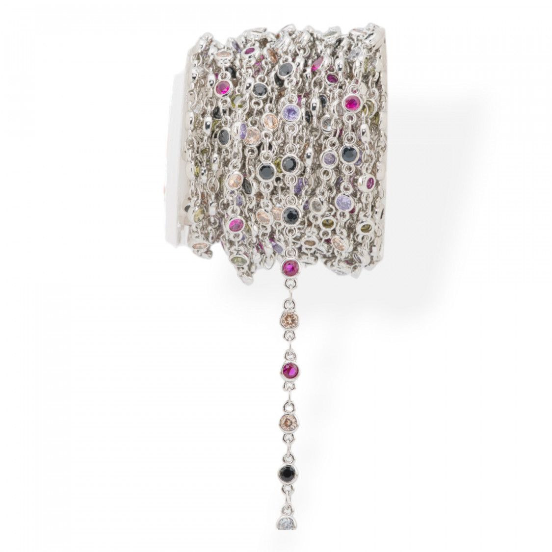 Catena Di Ottone Con Zirconi Taglio Brillante Incastonati 4mm 5 Metri Rodiato Multicolor-CATENE CON PERLINE INCASTONATE | Worldofjewel.com
