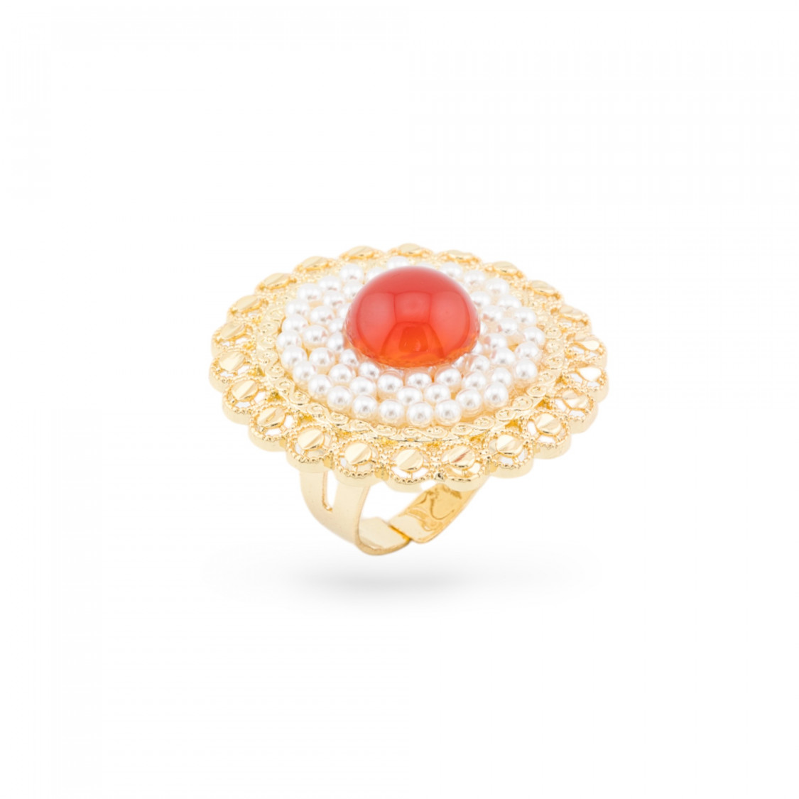 Bague En Bronze Avec Pierres Et Perles De Cornaline Dorées-BAGUES EN BRONZE ET ŒIL DE CHAT | Worldofjewel.com