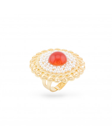 Bague En Bronze Avec Pierres Et Perles De Cornaline Dorées-BAGUES EN BRONZE ET ŒIL DE CHAT | Worldofjewel.com