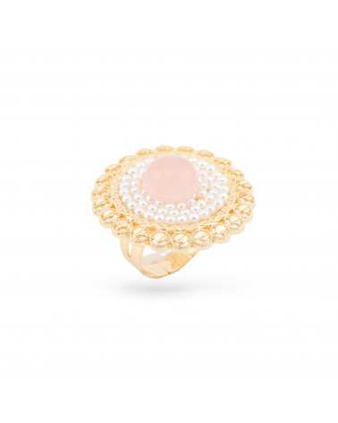 Bronze Ring With Stones And Golden Beads Rose Quartz-BRONZE RINGS AND CAT'S EYE | Worldofjewel.com
