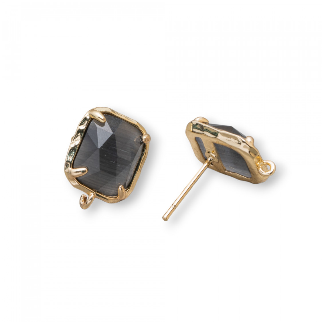 Faceted Cat Eye Brass Stud Earring Base Rectangle 10.5x13mm 5 Pairs Grey-BASES WITH STONES AND BEADS | Worldofjewel.com