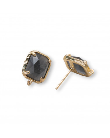 Faceted Cat Eye Brass Stud Earring Base Rectangle 10.5x13mm 5 Pairs Grey-BASES WITH STONES AND BEADS | Worldofjewel.com