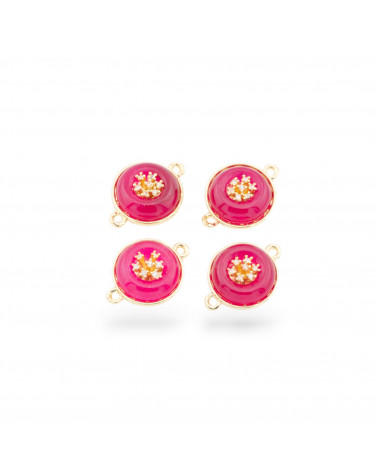 Connettore Componente Di Ottone Con Pietre Dure E Zirconi Tondo 14mm Con 2 Anellini 6pz Dorato Fucsia- QUADRATO | Worldofjewel.com