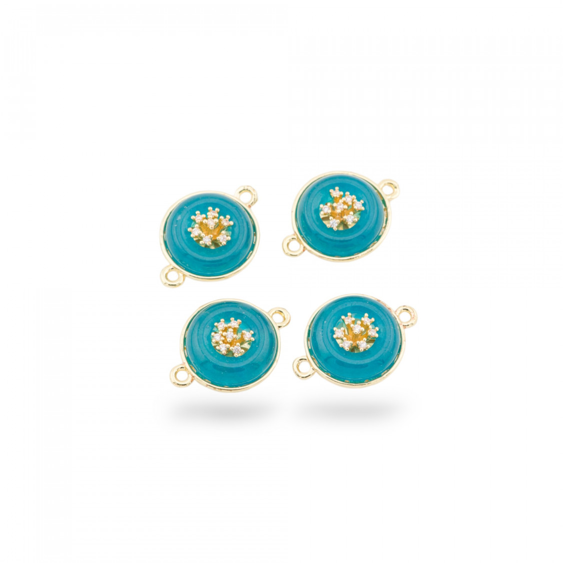 Connettore Componente Di Ottone Con Pietre Dure E Zirconi Tondo 14mm Con 2 Anellini 6pz Dorato Ottanio- QUADRATO | Worldofjewel.com