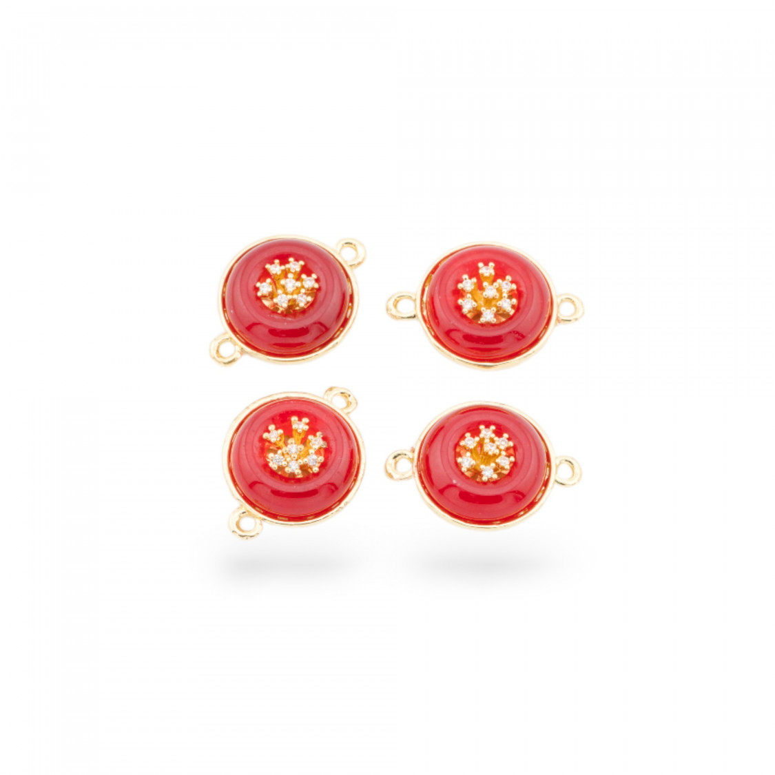 Connettore Componente Di Ottone Con Pietre Dure E Zirconi Tondo 14mm Con 2 Anellini 6pz Dorato Rosso-LINKS CON ZIRCONI LINEA LUNA | Worldofjewel.com