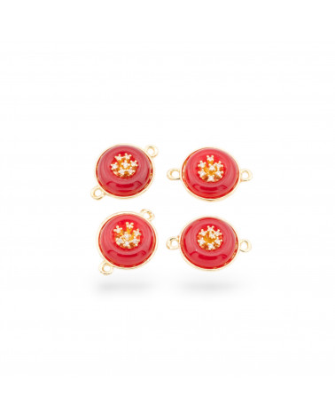 Connettore Componente Di Ottone Con Pietre Dure E Zirconi Tondo 14mm Con 2 Anellini 6pz Dorato Rosso-LINKS CON ZIRCONI LINEA LUNA | Worldofjewel.com
