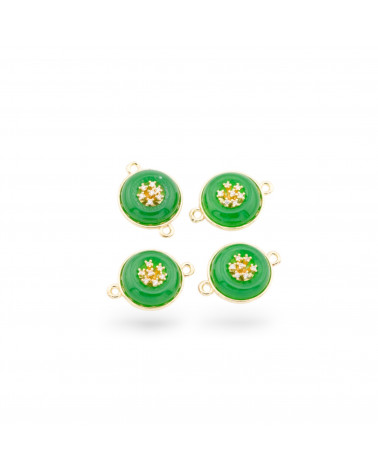 Connettore Componente Di Ottone Con Pietre Dure E Zirconi Tondo 14mm Con 2 Anellini 6pz Dorato Verde- QUADRATO | Worldofjewel.com