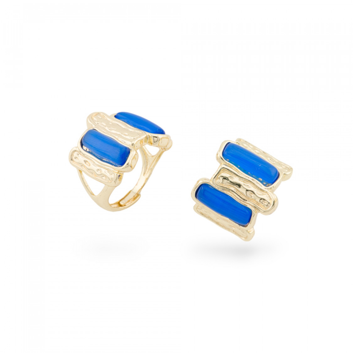 Bague Bronze Oeil de Chat 20x22mm Avec 2 Pierres Taille Ajustable Doré Bleu-BAGUES EN BRONZE ET ŒIL DE CHAT | Worldofjewel.com