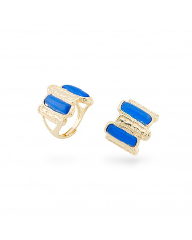 Bague Bronze Oeil de Chat 20x22mm Avec 2 Pierres Taille Ajustable Doré Bleu-BAGUES EN BRONZE ET ŒIL DE CHAT | Worldofjewel.com