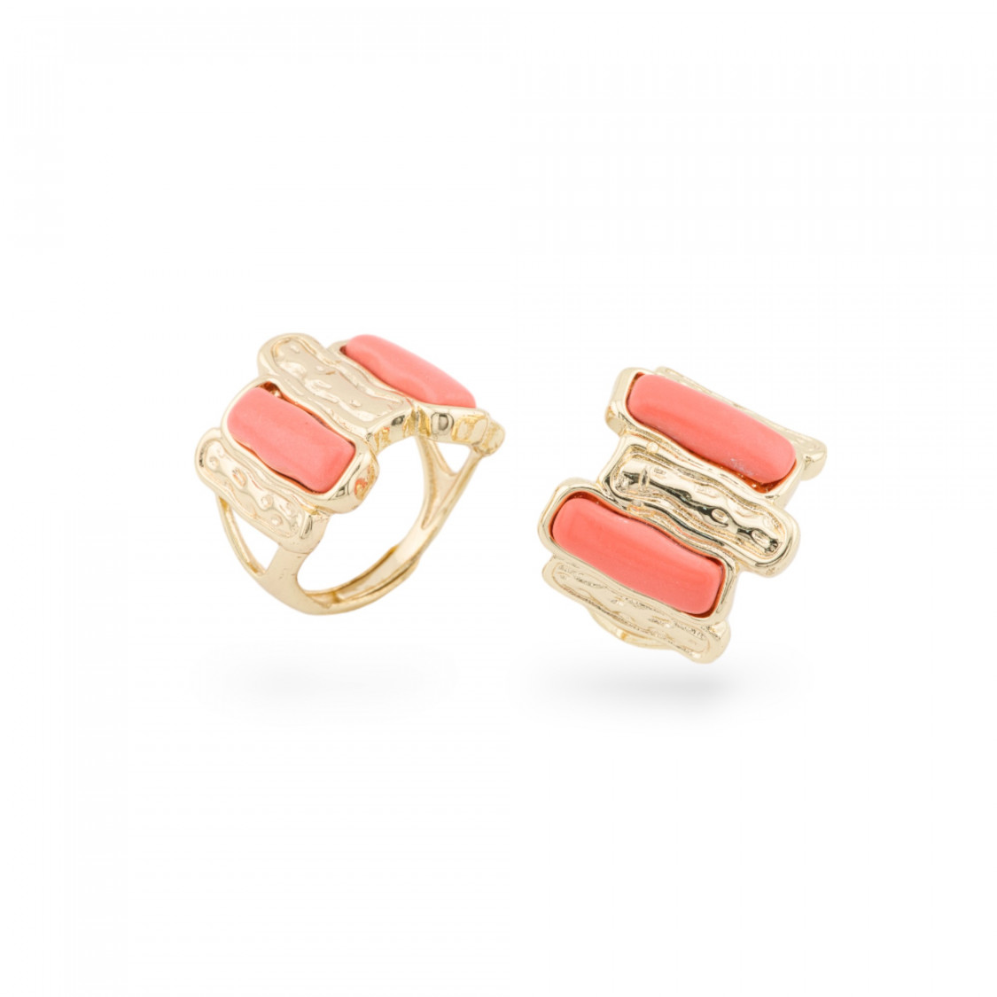 Anello Di Bronzo Con Occhio Di Gatto 20x22mm Con 2 Pietre Misura Regolabile Dorato Corallo-ANELLI BRONZO CON PIETRE INCASTONATE | Worldofjewel.com