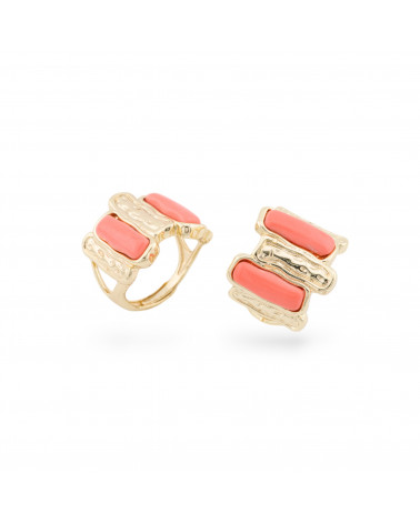 Anello Di Bronzo Con Occhio Di Gatto 20x22mm Con 2 Pietre Misura Regolabile Dorato Corallo-ANELLI BRONZO CON PIETRE INCASTONATE | Worldofjewel.com