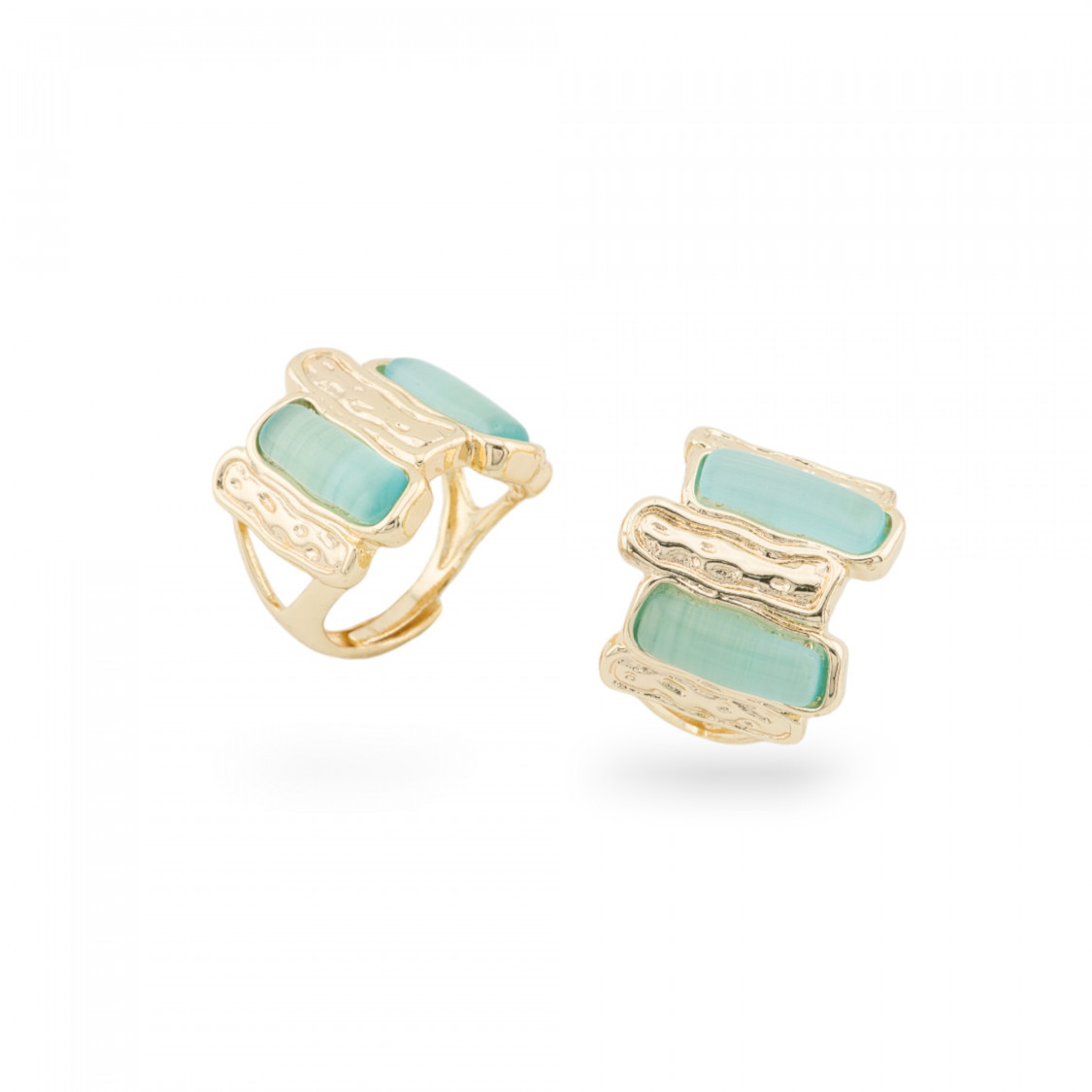 Bronze Ring With Cat's Eye 20x22mm With 2 Stones Adjustable Size Gold Aqua Green-BRONZE RINGS AND CAT'S EYE | Worldofjewel.com