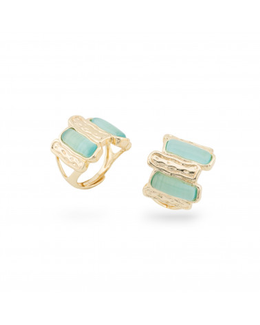 Bague Bronze Oeil de Chat 20x22mm Avec 2 Pierres Taille Ajustable Doré Vert Aqua-BAGUES EN BRONZE ET ŒIL DE CHAT | Worldofjewel.com