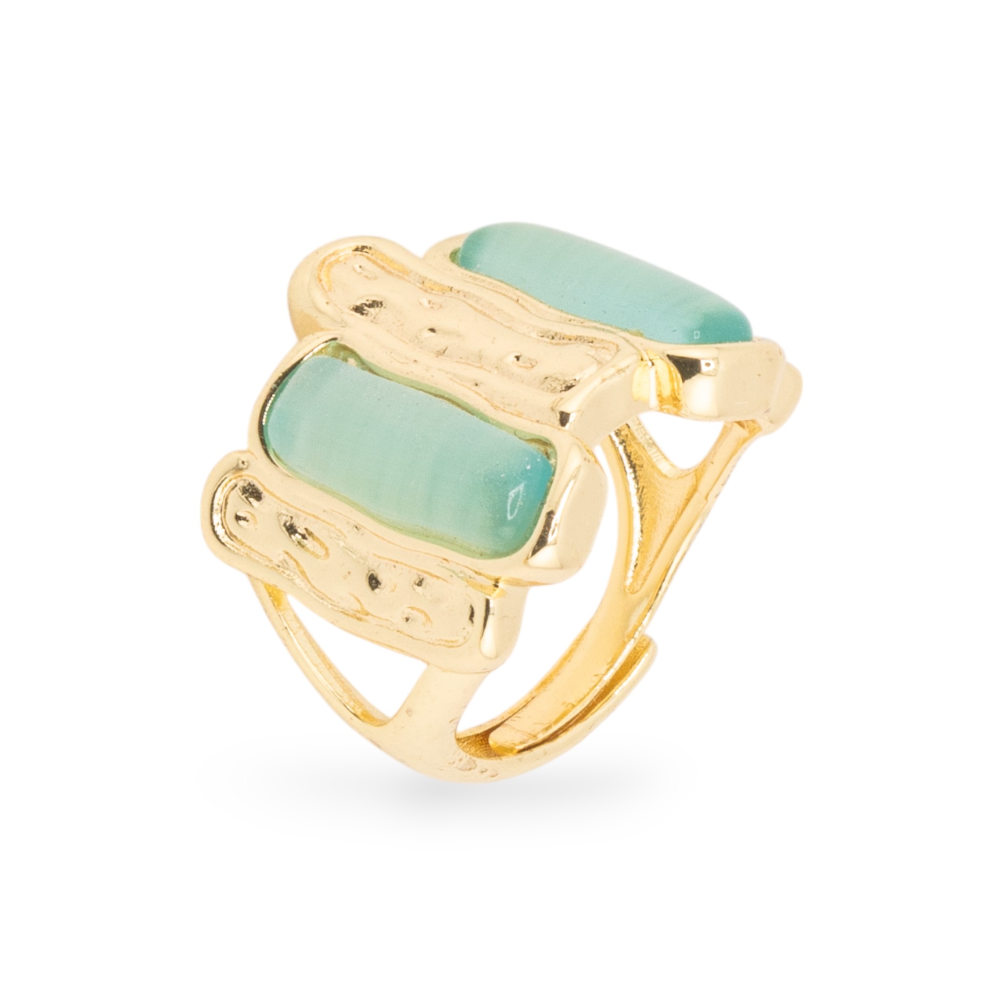 Anello Di Bronzo Con Occhio Di Gatto 20x22mm Con 2 Pietre Misura Regolabile Dorato Verde Acqua