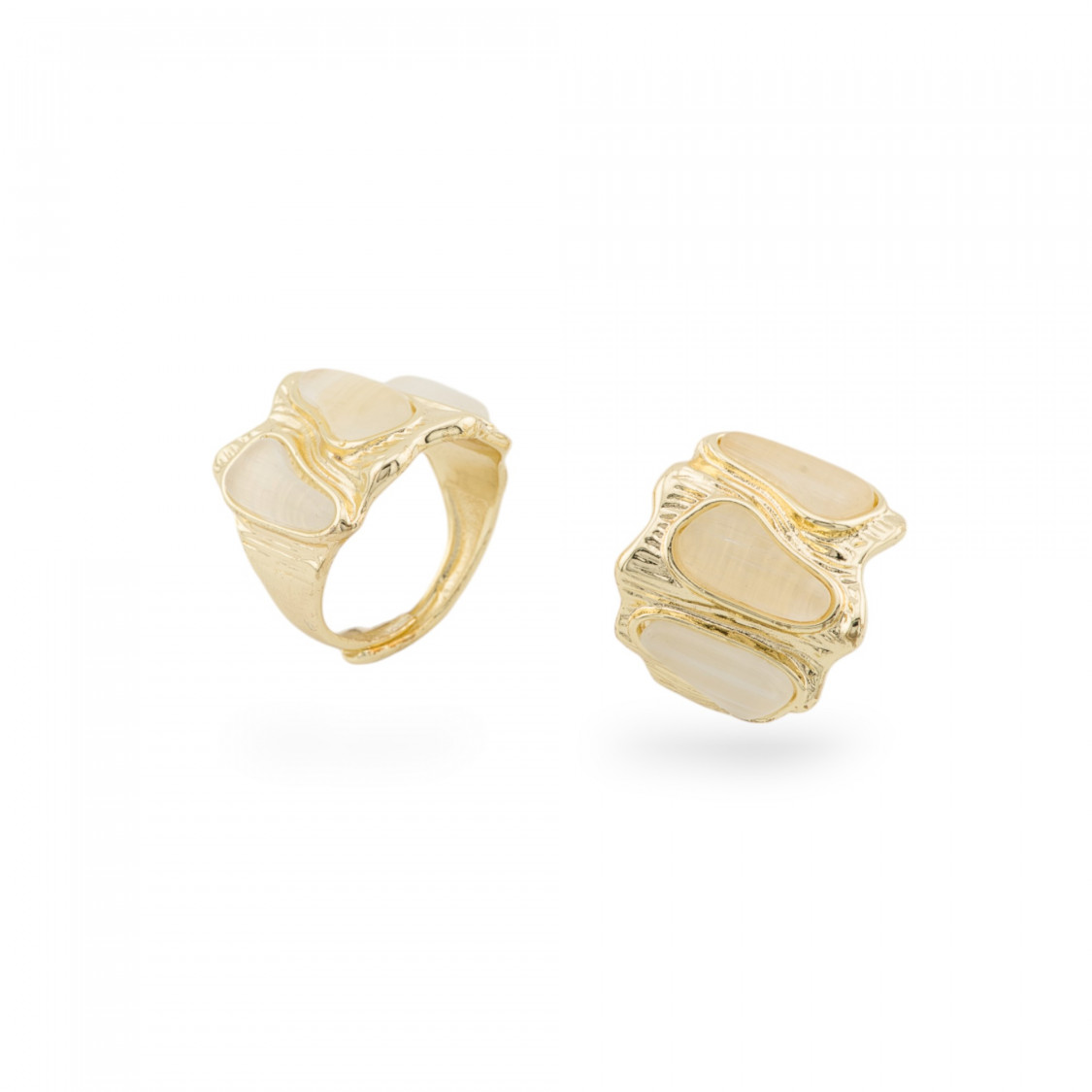 Anello Di Bronzo Con Occhio Di Gatto 21x23mm Con 3 Pietre Misura Regolabile Dorato Bianco-ANELLI BRONZO CON PIETRE INCASTONATE | Worldofjewel.com