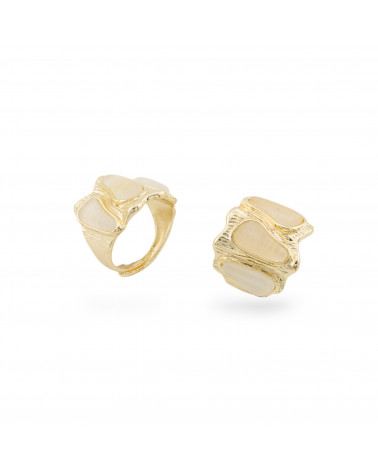 Anello Di Bronzo Con Occhio Di Gatto 21x23mm Con 3 Pietre Misura Regolabile Dorato Bianco-ANELLI BRONZO CON PIETRE INCASTONATE | Worldofjewel.com