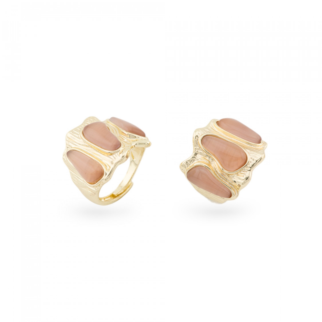 Anello Di Bronzo Con Occhio Di Gatto 21x23mm Con 3 Pietre Misura Regolabile Dorato Cipria-ANELLI BRONZO CON PIETRE INCASTONATE | Worldofjewel.com
