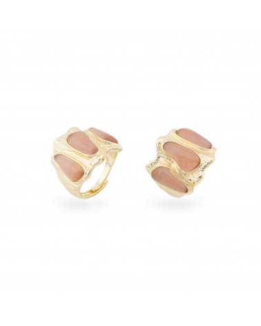 Anello Di Bronzo Con Occhio Di Gatto 21x23mm Con 3 Pietre Misura Regolabile Dorato Cipria-ANELLI BRONZO CON PIETRE INCASTONATE | Worldofjewel.com