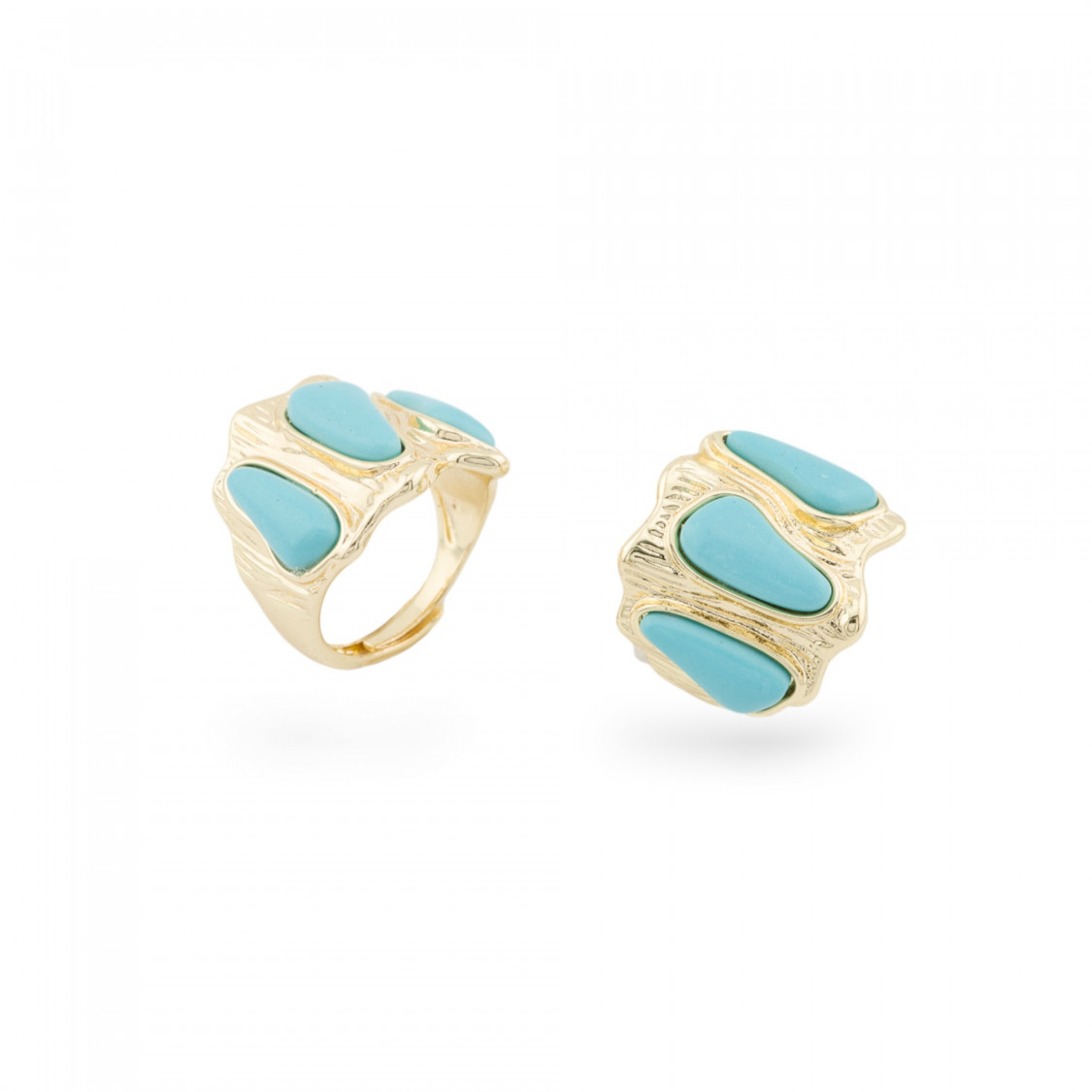 Anillo De Bronce Con Ojo De Gato 21x23mm Con 3 Piedras Tamaño Ajustable Turquesa Dorada-ANILLOS DE BRONCE Y OJO DE GATO | Worldofjewel.com