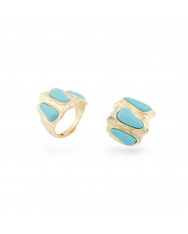 Anillo De Bronce Con Ojo De Gato 21x23mm Con 3 Piedras Tamaño Ajustable Turquesa Dorada-ANILLOS DE BRONCE Y OJO DE GATO | Worldofjewel.com