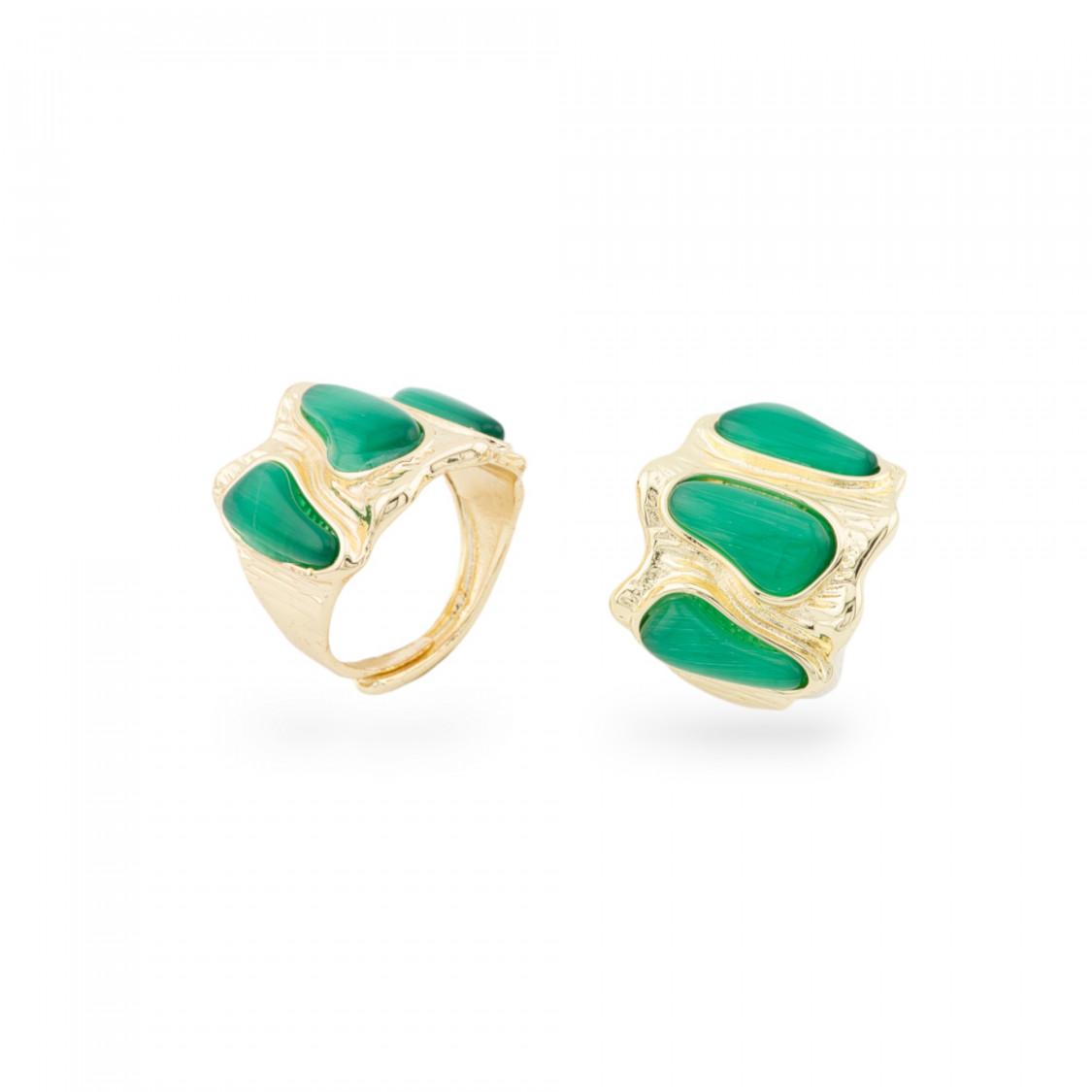 Bronze Ring With Cat's Eye 21x23mm With 3 Stones Adjustable Size Gold Green-BRONZE RINGS AND CAT'S EYE | Worldofjewel.com